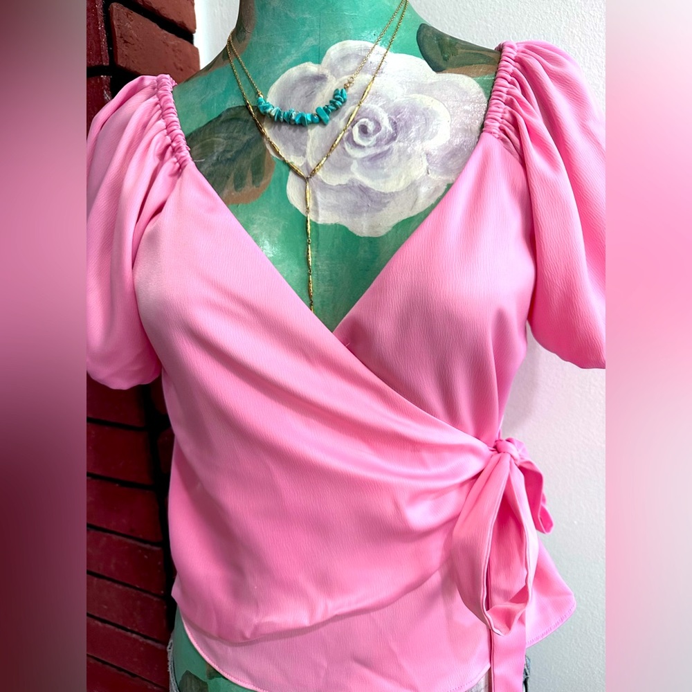 WAYF Tie Waist wrap blouse, pink, size XS